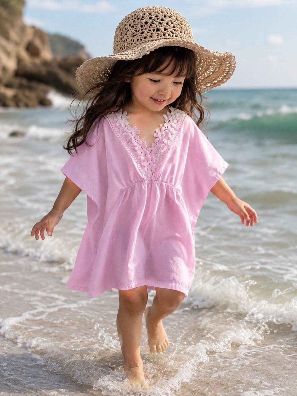 New Seaside Sweetie Flowy Boho Crochet Trim Swim Coverup Dress